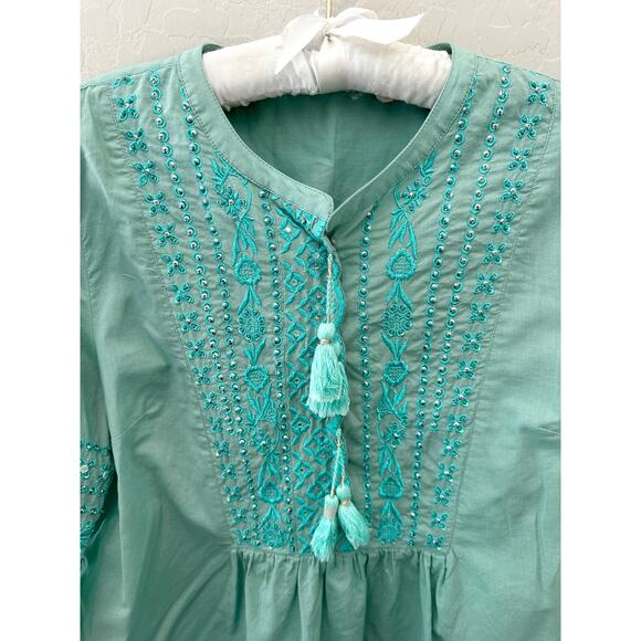 SOFT SURROUNDINGS | Teal Embroidered Cotton Boho Tassel Blouse Top | Medium - Picture 4 of 7